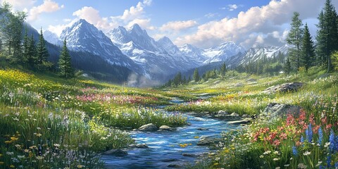 Sticker - A serene alpine meadow with wildflowers in bloom, a crystal-clear stream, and towering peaks in the background 