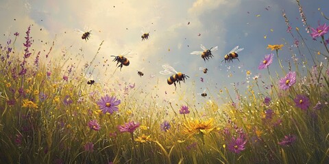 Sticker - Bumblebees, in a meadow, wildflower fields create a symphony of buzzing among the tall grasses