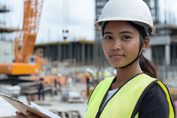 Malay woman wearing safety uniform at construction site with crane