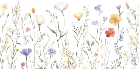 Wall Mural - Seamless pattern with delicate watercolor flowers. Botanical print of meadow scene of blooming wildflowers ideal for textiles, wallpapers or eco friendly packaging. Artistic botanical illustration