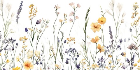 Naklejka na meble Seamless pattern with delicate watercolor flowers. Botanical print of meadow scene of blooming wildflowers ideal for textiles, wallpapers or eco friendly packaging. Artistic botanical illustration