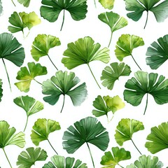 A seamless pattern of green ginkgo leaves in a watercolor style. Perfect for botanical designs, eco-friendly packaging, fabric, wallpaper, or nature-themed decor. Tiled for continuous use.