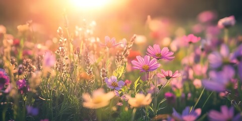 Canvas Print - A field of wildflowers basking in the suns glow, showcasing the natural beauty of various medicinal plant species in full bloom. 