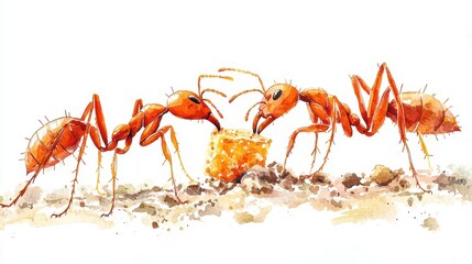 Two red ants collaborating to carry a crumb, showcasing teamwork in nature. A vibrant illustration of ant behavior and interaction.