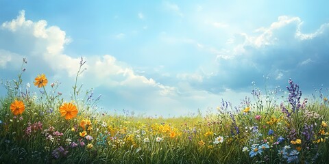 Poster - painting of a field of wildflowers with a sky background