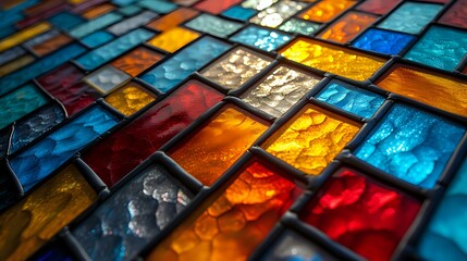 Poster - A close-up of vibrant stained glass tiles in red, blue, and yellow hues, illuminated by soft light. Ideal for artistic projects, design inspiration, architecture, or interior decor themes.