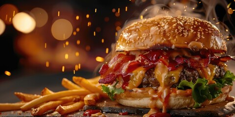 Sticker - Cheese Explosion Burger with Crispy Bacon Golden Fries and Oozing Melted Cheese