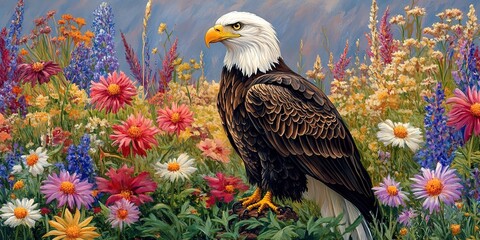 Sticker - Majestic bald eagle perched among colorful wildflowers 