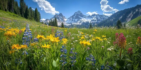 Sticker - Vibrant wildflowers in sunny meadow with snow-capped mountains in background. 