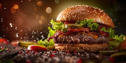 Sticker - A Summer Delight Juicy Beef Burger with Fresh Vegetables This image perfectly encapsulates the essence of summer with its combination of a succulent beef patty and crisp vegetables deliveri