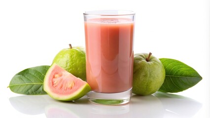 Isolated guava juice glass on white background with tropical flavor reflection