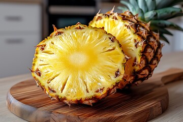 Wall Mural - Fresh pineapple half resting on wooden board, kitchen counter