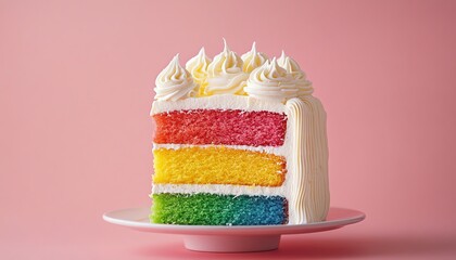 A Slice of Rainbow Cake with White Frosting