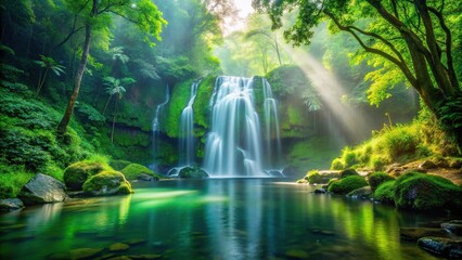 Lush green forested waterfall cascading into misty pool