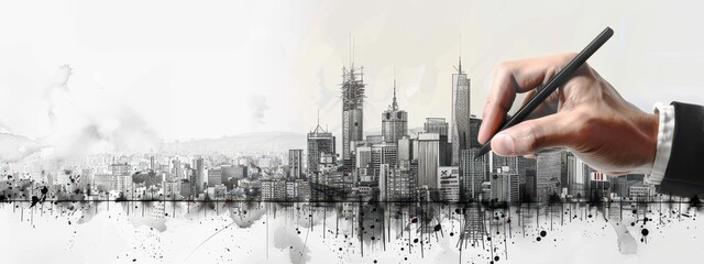 Poster - architect sketching modern city skyline with skyscrapers and urban development in black and white