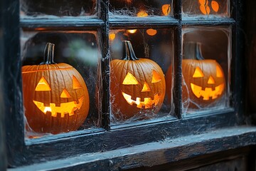 Three jack-o'-lanterns glowing in a window during Halloween