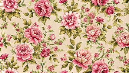 Wall Mural - Macro seamless wallpaper and textile pattern with vintage pink flowers on beige background