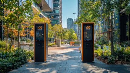 Two Digital Kiosks Flanked by Greenery and Modern Buildings in a City Street