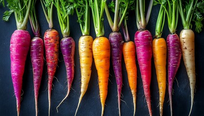 Wall Mural - A Row of Multicolored Carrots with Green Tops