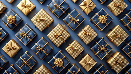 Wall Mural - Grid pattern of neatly arranged holiday gifts on navy blue and gold Christmas background with copy space