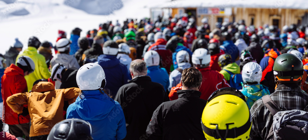 Large Crowd of Skiers and Snowboarders Waiting in Line Stock Photo ...