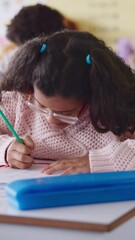 Aufkleber - Girl, writing and exam at school with thinking, education or problem solving for maths quiz at academy. Child, test and assessment with solution, learning and development with progress in classroom