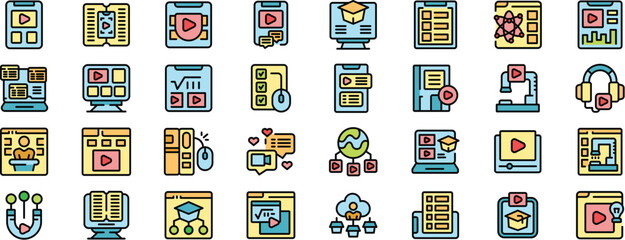 Poster - This set of icons depicts various aspects of online education, showcasing digital learning platforms, video tutorials, interactive exercises, and more