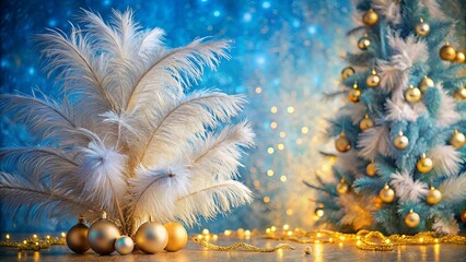 Wall Mural - Christmas decoration with ostrich feathers and a Christmas tree on a blue and gold pastel background