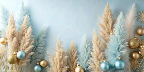 Wall Mural - Pampas grass Christmas decorations in pastel blue and gold for a modern winter aesthetic