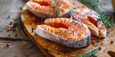 Wall Mural - Close up of salmon steaks on a wooden board red fish