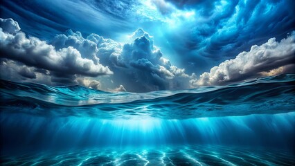 underwater view of abstract waves and storm clouds in the deep blue sea