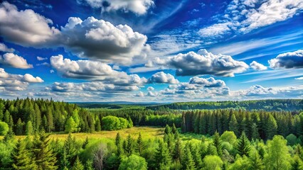 Wall Mural - Scenic view of forest and blue sky with clouds