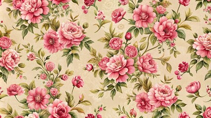 Wall Mural - seamless vintage pink flower pattern on beige background