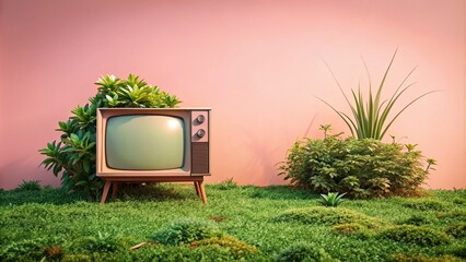 Silhouette landscape with green plants illuminated by pastel pink background retro TV on grass