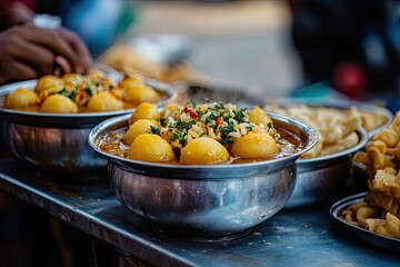 Wall Mural - Exploring the tangy, spicy, and refreshing delight of pani puri. India's favourite street food experience. Selective focus