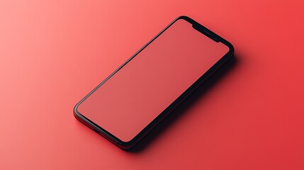 Wall Mural - Black Smartphone with Blank Screen on Red Background