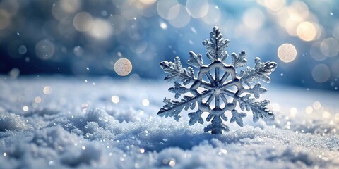 Wall Mural - Snowflake on snow with falling snowflakes