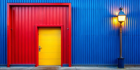 Vibrant red and blue building with a striking yellow door, illuminated by a side light and lamp