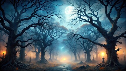 Wall Mural - Spooky Halloween background with dark trees and fog