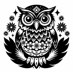 Artistic black and white owl illustration with floral patterns and decorative elements