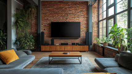 Modern Loft Living Room with Brick Wall  Large Window and White Sofa