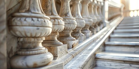 Poster - A close-up of a marble stone staircase with intricate railings, highlighting the material's durability and timeless beauty in architecture