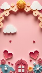 Pink background with paper cutouts of hearts, clouds, and animals.