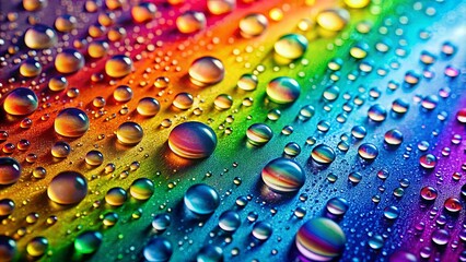 Vibrant rainbow water droplets on colorful surface