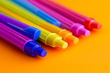 Canvas Print - Colorful Pens Arranged on Orange Background