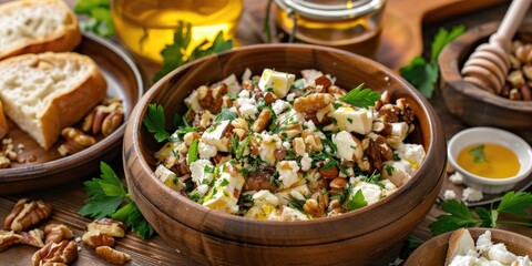 Wall Mural - High quality photo of Oven Baked Brick Recipe with Goat Cheese Honey and Walnut Salad