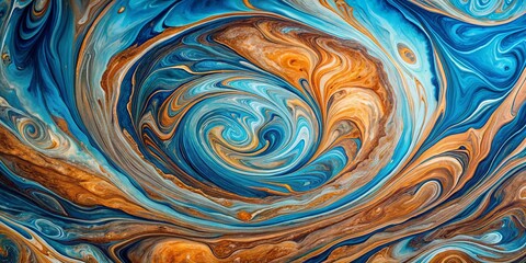 Wall Mural - Abstract painting of a swirly blue pattern with a brown and orange swirl on the bottom