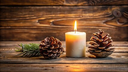 Wall Mural - Lit candle and pine cone on wooden table creating a warm and cozy atmosphere