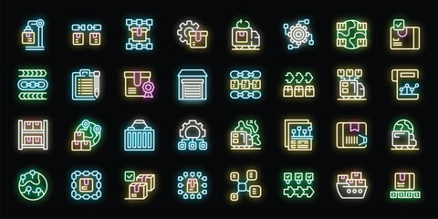 Poster - Supply chain management neon icons featuring logistics and delivery with glowing lines on a dark background