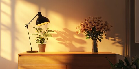 Poster - A living room with a wooden dresser, a lamp, and a vase of flowers 